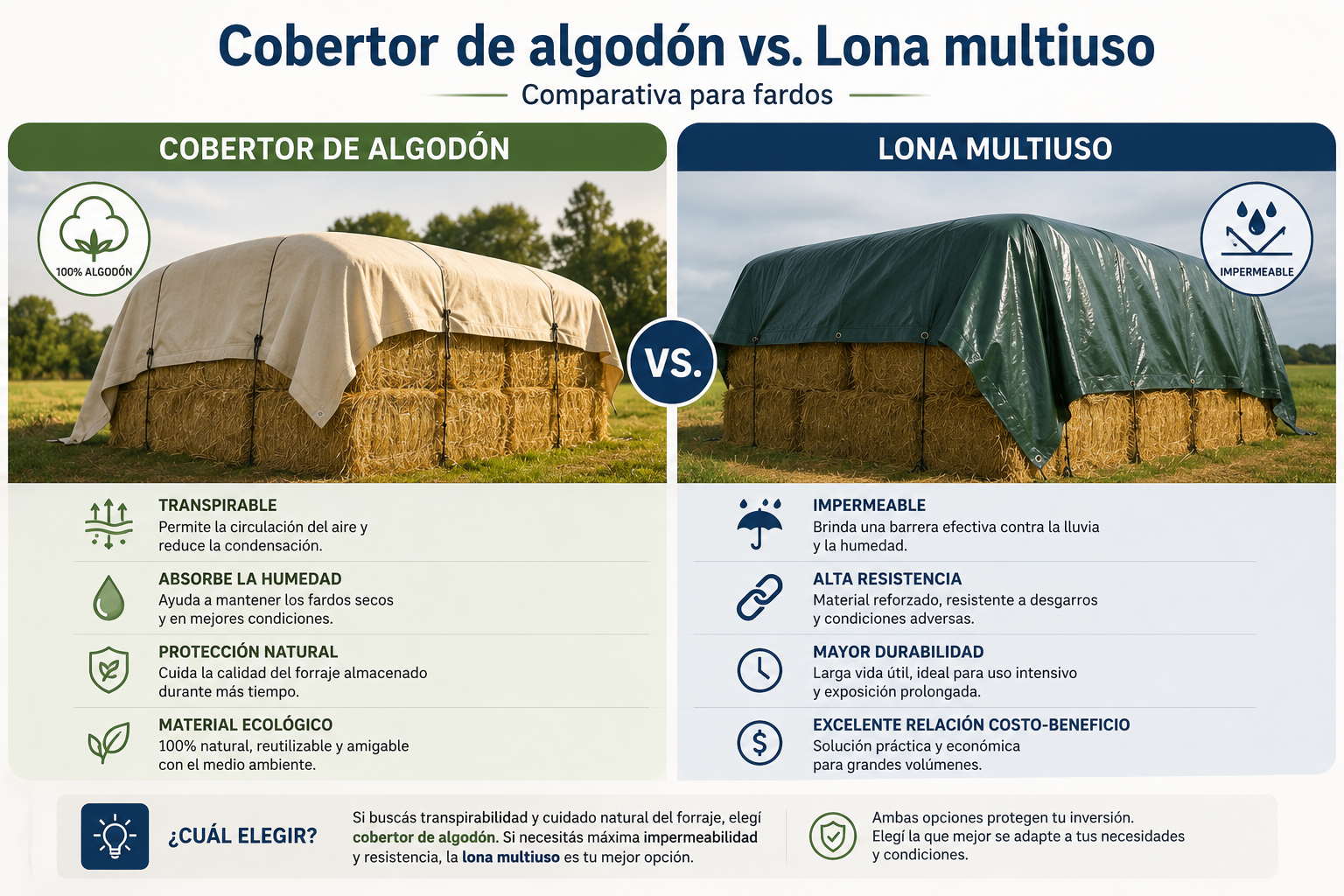 Cobertor de algodón vs. lona multiuso: cuál conviene para proteger tus fardos